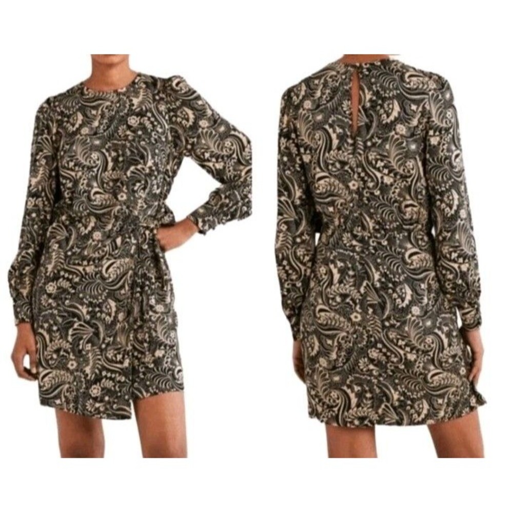 NEW Boden Floral Paisley Wrap Skirt Long Sleeve Mini Dress Size 10L Medium Brown